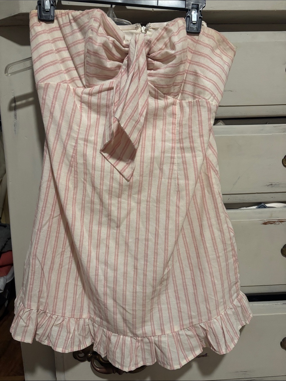 Striped Strapless Tie-Front Mini Dress in Cream & Dusty Pink